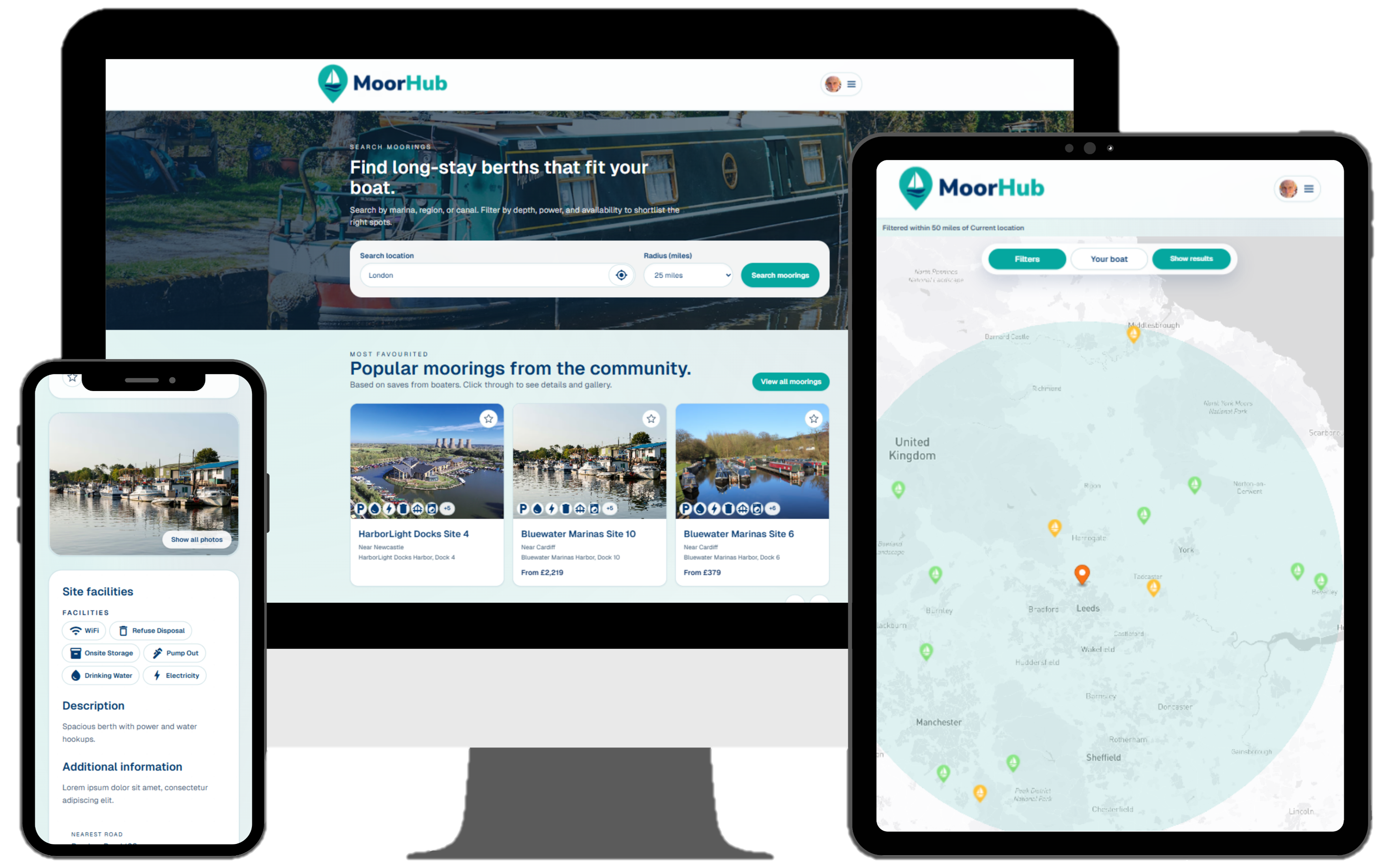 MoorHub platform preview — search long-stay moorings on desktop, browse berth details on mobile, and explore the UK mooring map on tablet