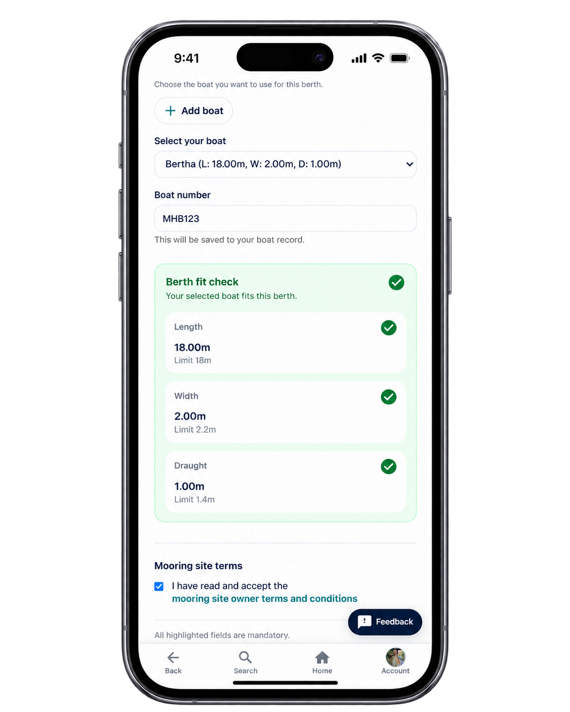 MoorHub on a phone showing a berth fit check for a boat's length, width and draught