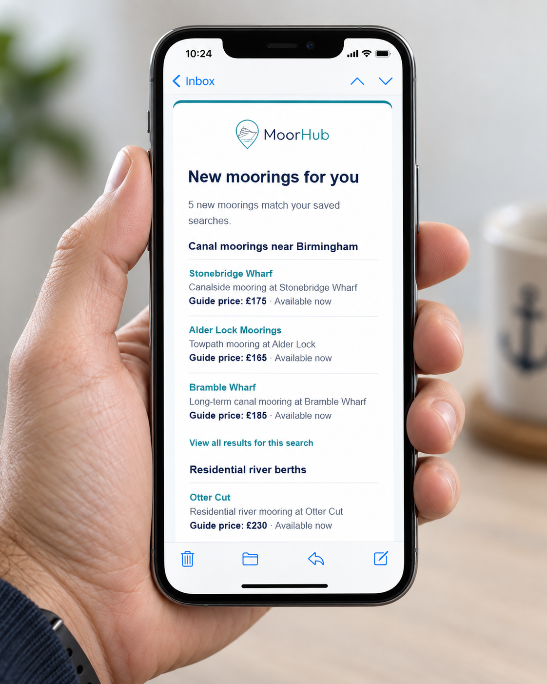A New moorings email from a saved search, shown on a phone